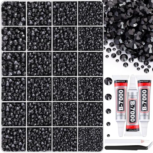 30000Pcs Black Rhinestones for Bedazzling with B7000 Jewelry Glue, Bedazzler Kit Bulk Flatback Gems, Resin Rhinestones for Crafting Crafts Clothing Shoes Fabric Nail Art Assorted Size 2/3/4/5/6mm