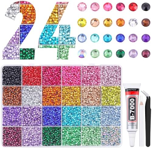 24000Pcs Resin Rhinestones for Bedazzling with Tweezers, Multicolor 3mm Rhinestones for Crafting with B7000 Jewelry Glue for DIY Crafts Clothing Tumblers Shoes Fabric Nail Art
