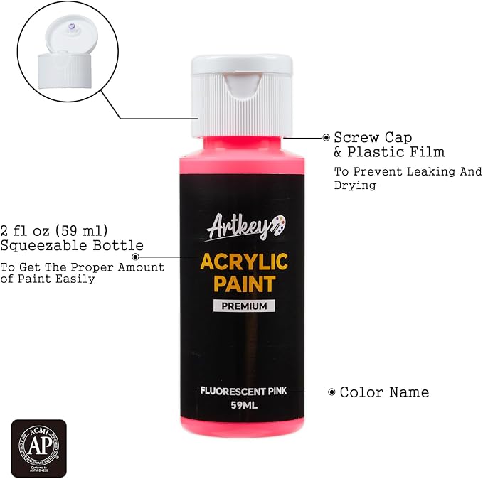 Artkey Acrylic Paint Set, 16 Colors 2 oz/59 ml Acrylic Paint Kit for Professional Artists & Beginners – Memphis Style “Pop Art Colors” Palette for Canvas, Wood, Fabric, Rock, Leather, Ceramic, Glass