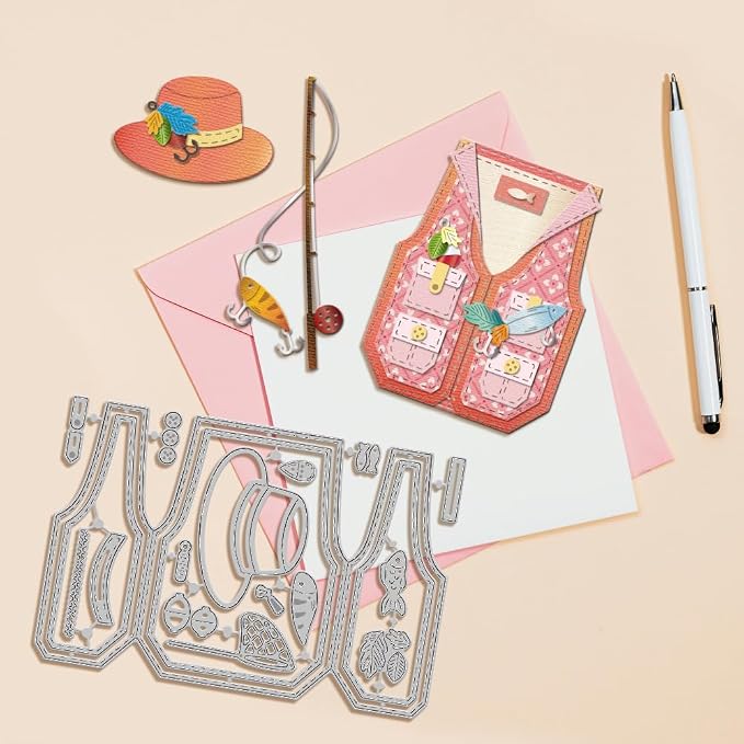 GLOBLELAND Fishing Vest Hat Cutting Dies for Card Making Fishing Rod Cut Die for DIY Scrapbooking Journal Embossing Paper Craft Decor