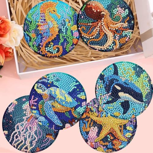 8 Pack Diamond Art Coasters,Ocean animal Diamond Painting Coasters Kits