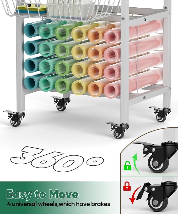 Queension Craft Cart with Wheels for Cricut Machines, Craft Organization and Storage Stand with Basket, Cutting Machine Stand for Cricut Accessories, Vinyl Roll Organizer, White