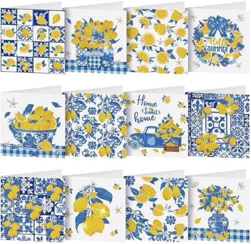 Saillong 12 Pack Lemon Diamond Painting Greeting Cards Kits Summer Capri Italy Lemon Diamond Art Cards with Envelopes Blue Yellow 5D Rhinestones Painting Making Kit for Adult DIY Craft Summer Gifts