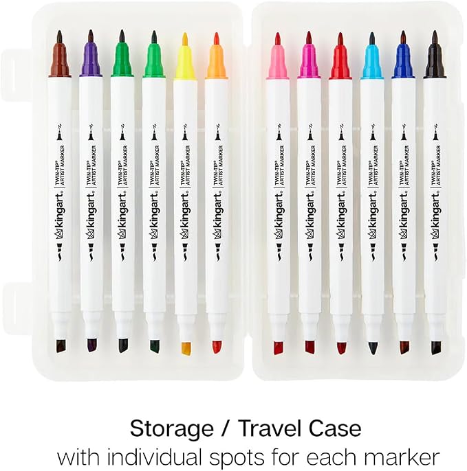 KINGART Studio Twin-Tip™ Permanent Alcohol-Based Sketch Markers, Storage/Travel Case, Set of 12 Unique Colors
