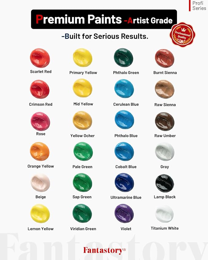 Fantastory 60ml 24 Colors Acrylic Paint Set with 12 Brushes | Waterproof, Great for Artwork & DIY Projects on Canvas, Wood, Glass, Clay, Fabric, Ceramic, Paper