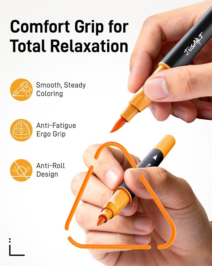 JusArt Markers for Adult Coloring Books No Bleeding, 60 Colors | Dual Tip, Triangle Grip, Fine & Brush Tips, Water-Based, 33% More Ink, With 200gsm Coloring Book, Storage Case, 6 Spare Tips