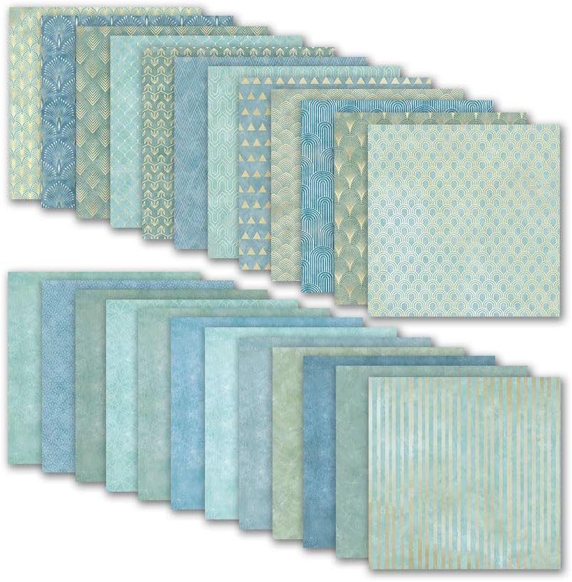 Teal Color Art Deco Scrapbook Paper 24 Sheets Pattern Paper Double Sided Printing for DIY Card Making Scrapbook Wedding Photo Album Home Décor-12 x 12 Inches