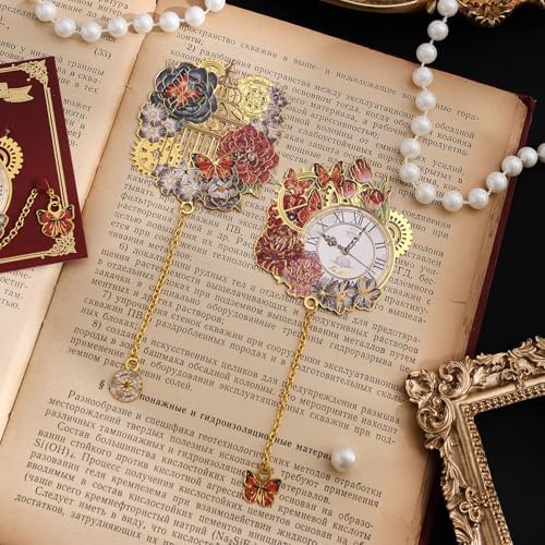 4pcs Vintage Metal Bookmark with Pendant Chain, Retro Steampunk Bookmarks, Flower & Clock Book Marks for Reading Women, Men, Kids, Book Lover, Teachers, Students
