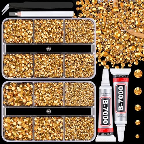 Resin Jelly Rhinestones for Crafting with B7000 Jewelry Glue, 2 Boxes Gold Flatback Crystals with 2Pcs 10ml Glue, Bedazzling Non Hotfix Gems for DIY Tumblers Clothing Shoes Manicure