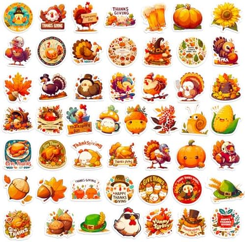 Thanksgiving Stickers Pack, 200Pcs Cute Thanksgiving Pumpkins Vinyl Waterproof Stickers for Water Bottles Envelopes Scrapbooking Crafts, Fall Sticker Gifts for Kids Adults Teens