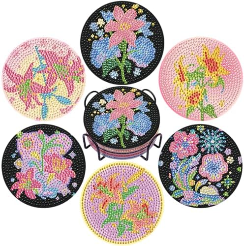 DOTSOPS 6 PCS Flowers Diamond Painting Coasters for Beginners with Holder