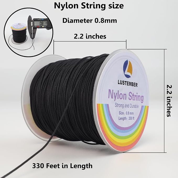 LUSTEMBER 0.8mm Nylon String, Strong Bracelet String, Durable Nylon Cord for Jewelry Making, Bracelets, Beading, Necklaces, Rattail Braiding, Kumihimo, Wind Chimes, Blinds and Handicrafts (Pack of 2)