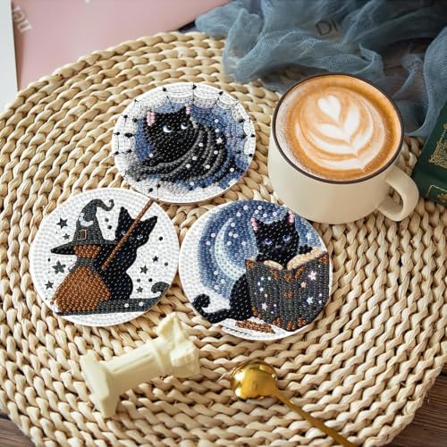 8 Pcs Cat Dimond Art Coasters Kits for Adults,Black Cat Diamond Painting Coaster Kits with Holder,Gem Art Paintings Crafts Supplies for Home Decor