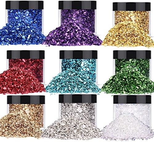 9 Box Broken Crushed Glass Glitter, 6.4oz/180g Irregular Shards Metallic Crystal Chips 2-4mm Chunky Flakes Sequins Gravel for Epoxy Resin Craft Supplies Nail Art DIY