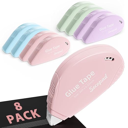 Secopad Scrapbook Tape, 8 Pack Glue Tape, Opaque Light-Colored Shell | 0.3IN x 26FT, Sticky & Safe, Double Sided Tape for Crafts, Scrapbooking Junk Journaling Supplies, For School Office Teachers