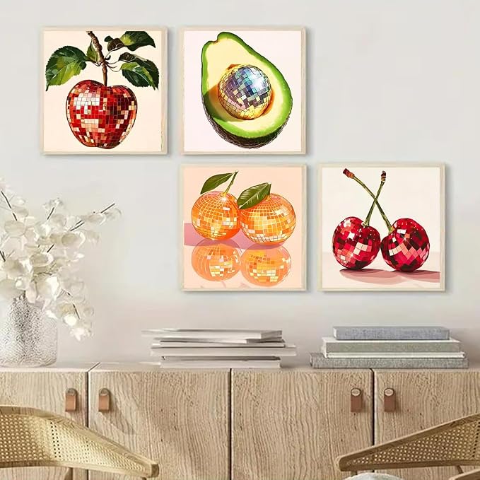 Canrichshop 4 Pack Disco Ball DIY Paint by Number Beginners,Fruit Oil Painting Adults' Paint-by-Number Kits,Acrylic Paint Kit with Frame for All Ages,Easy Paint by Numbers Kids on Canvas 8x8inch