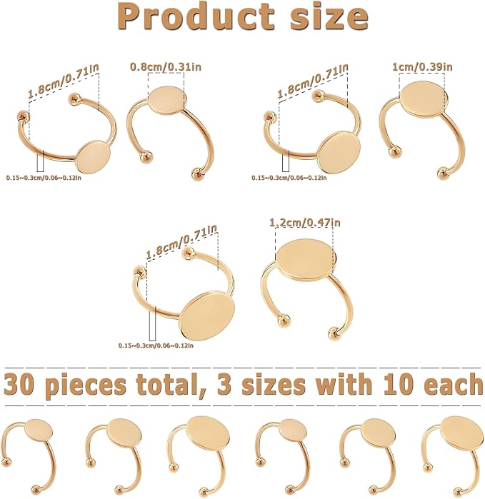 30 Pcs Blank Rings - MaehSab Stainless Steel Adjustable Pad Ring Base, Flat Blank Ring Base Tray for Jewelry Making DIY Crafts (Gold)