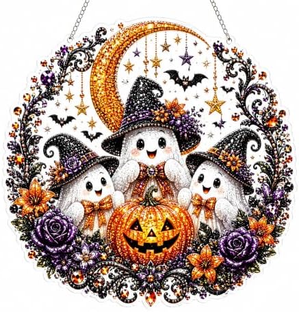 Halloween Diamond Art Hanging Kits for Adults Beginners, DIY Acrylic 5D Special Shaped Crystal Diamond Gem Art Painting for Window Pendants Home Garden Wall Hanging Kits Hanging Ornament (Style E)