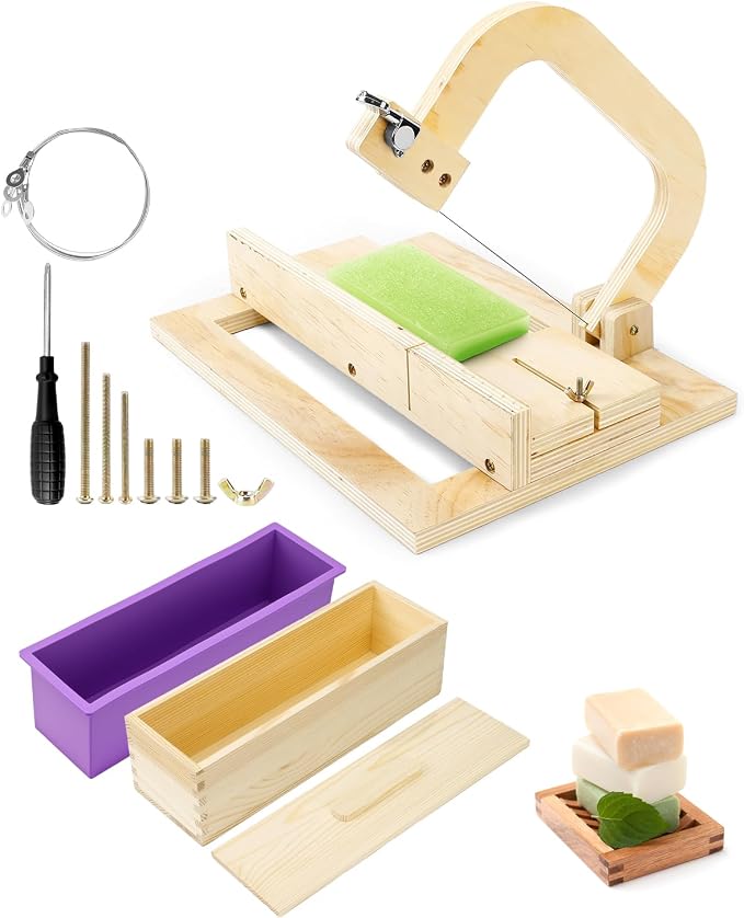 UCEC Wire Soap Cutters for Soap Making Supplies Kit, Loaf Slicer & Molds | Adjustable Soap Cutter with Silicone Loaf Mold, Wooden Box with Lid and 10 Replacement Wires for DIY Crafting