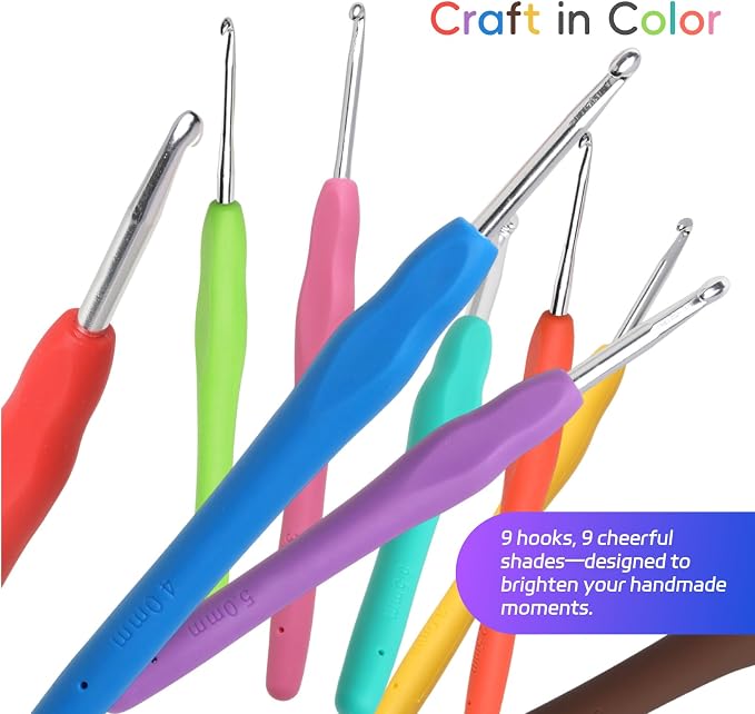 9PCS Ergonomic Crochet Hooks Set by Flickzo – Aluminum Crochet Hook Set with Soft Silicone Handles (2-6mm), Crochet Kit for Beginners with Crochet Tools & Knitting Accessories