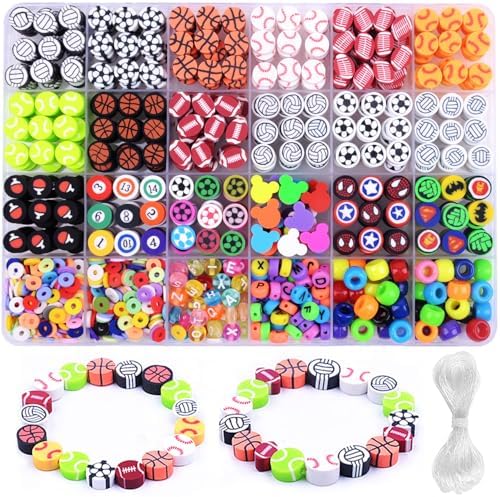 BBita 1000PCS Polymer Clay Beads Bracelet Making kit, 24 Style Cute Fun Beads Sports Ball Volleyball Softball Baseball Basketball Soccer Rugby Football Charms for Jewelry Making DIY for Women Girls