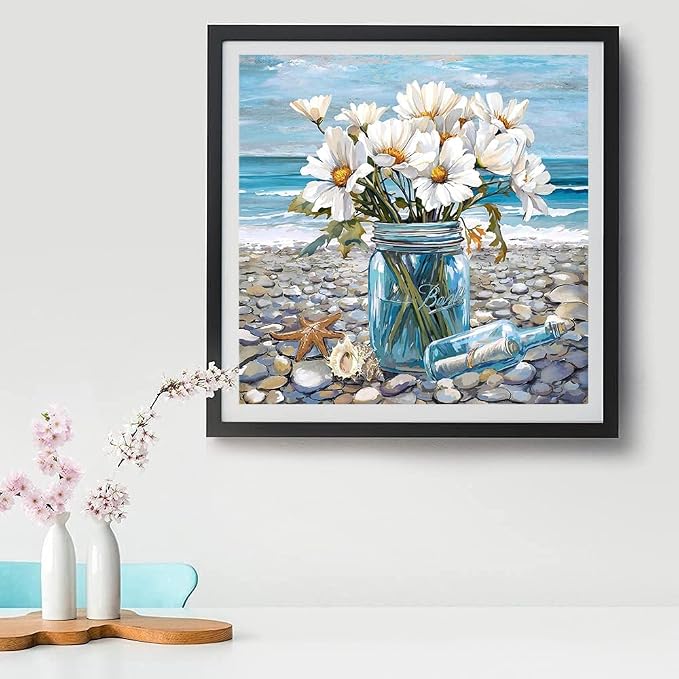 VIGEGU Beach Flowers Paint by Numbers Kit for Adults with Frame | Paint by Number for Beginner DIY Adult Paint by Number Kits for Home Decor 12x12inch