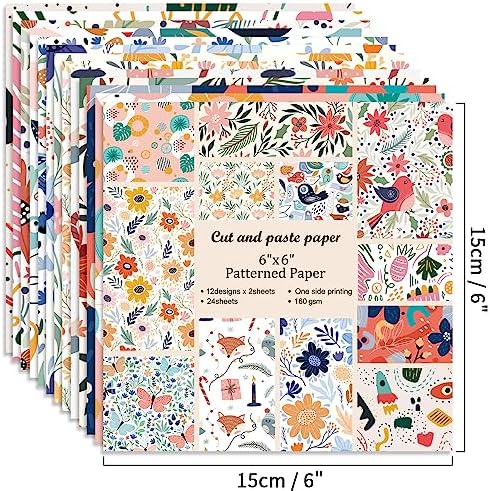 6x6" Cardstock Single Sided Scrapbooking,Craft Decorative Scrap Book Paper | 160gsm,24-Sheet 12Patterns Colored Paper,Junk Journal Supplies,Vivid Origami Papers DIY Craft Gift Wrapping Album.Flower Bird
