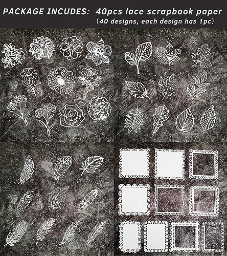 40pcs Lace Scrapbooking Supplies Cutout Scrapbook Paper Flower Leaves Feather Frame White Vintage Journaling Supplies Decorative Paper for Junk Jounal Planner Handmade Card Gift Wraps Craft