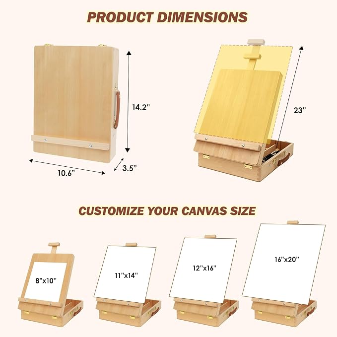 Tabletop Easel for Painting, Adjustable Beechwood Sketchbox, Portable | Features detachable shoulder strap for travel, Large storage box with adjustable angles for adults, artists & beginners