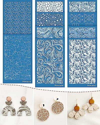 Puocaon Clay Silk Screen Stencil - 10 Pcs Marble Pattern Reusable for Polymer Clay Jewelry Making, Terrazzo Fluid Trendy Tools, Earrings