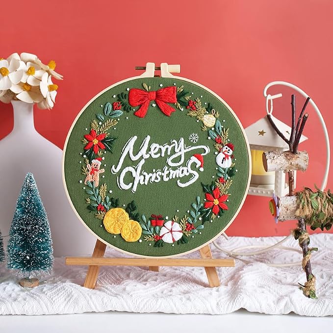 Konrisa Embroidery Kits Merry Christmas Pattern Embroidery Starter Kits for Adults Beginner DIY Sewing Needlepoint Cross Stitch Practice Kit Christmas Home Decoration Handmade Gifts