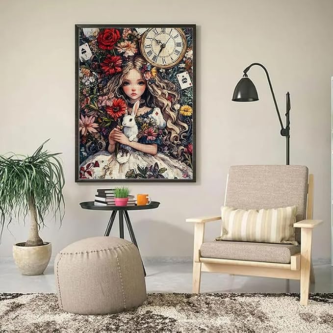 YUXUANKANG Diamond Painting Kits for Beginners，5D Diamond Art Kits for Adults, Diamond Art Club Diamond Painting Kits, Rabbit, Clock and Flowers 12X16 Inch