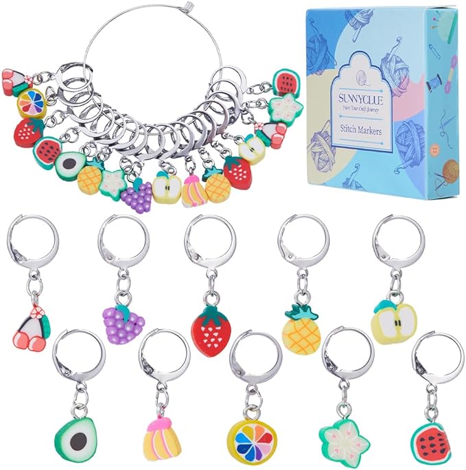 SUNNYCLUE 1 Box 40Pcs Stitch Markers Locking Crocheting Markers Knitting Fruit Polymer Clay Beads Removable Clip on Charm Leverback Clasps Crochet Stitch Marker for Yarns Knit Crocheting Sewing Adult