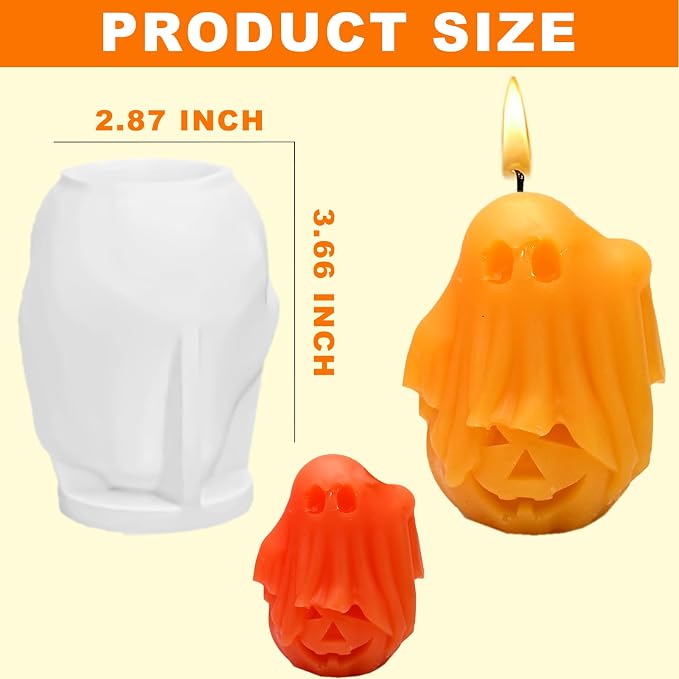 Halloween Molds, Little Ghost Stepping on Pumpkin Candle Molds | 3D Halloween Pumpkin Silicone Mold for Candle Making, Epoxy Resin Casting, Handmade Soap, DIY Crafting Gift Home Decor