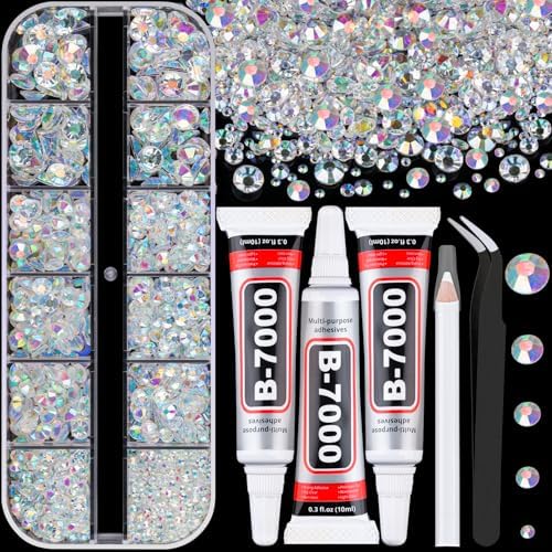 Resin Rhinestones for Crafting with 3Pcs 10ml B7000 Jewelry Glue, 1 Box Transparent AB Flatback Gems Crystals Diamond for Bedazzling Crafts DIY Nail Art Makeup, Gems for Clothing Tumblers Shoes