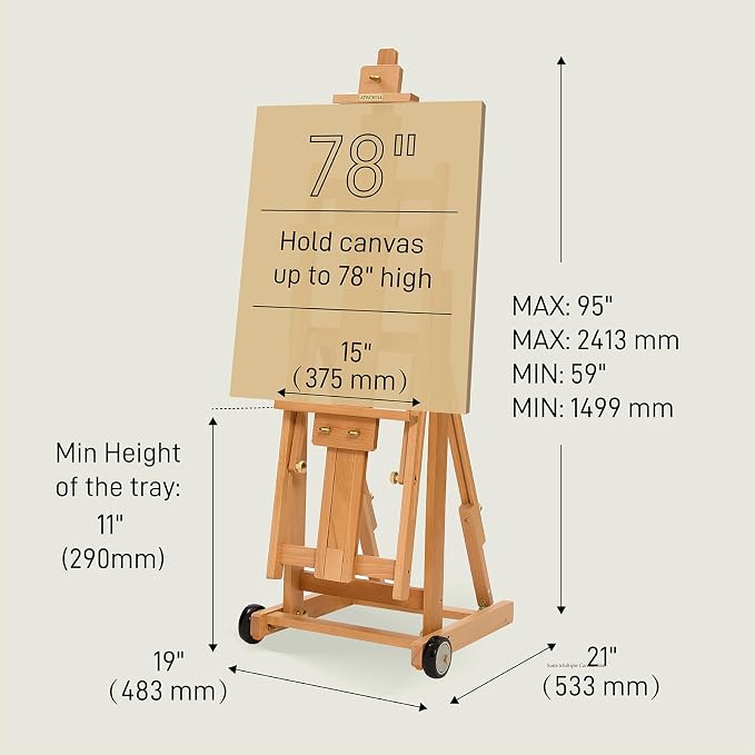 Artist Easel for Painting: Solid Beech Wood Art Easel Stand with Upgrade Hardware-H Frame Hold 2 Canvases up to 78"- Floor Painting Easel for Adults with Wheels