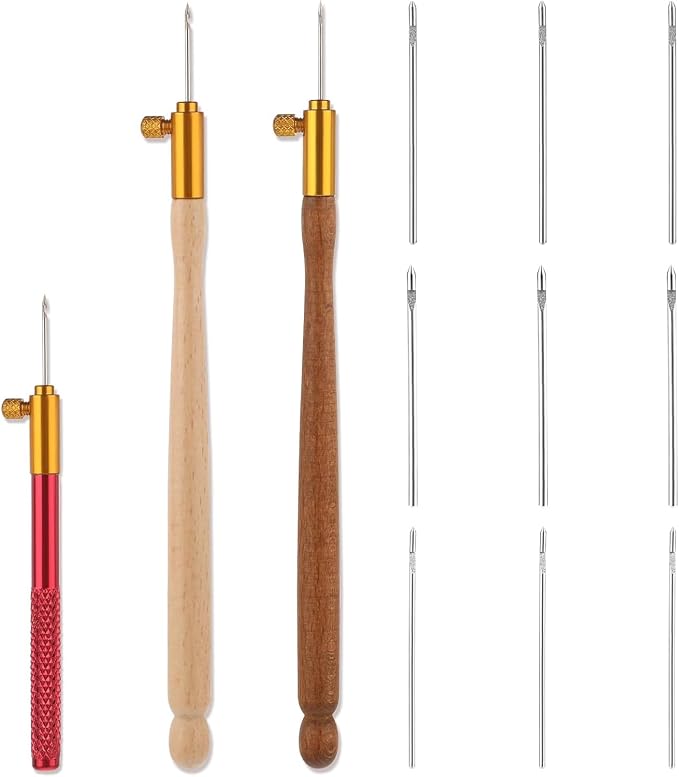 Kodrily 3Pcs Tambour Tools, Stainless Steel Wood Handle Embroidery Crochet Hooks with 9 Needles Tambour Hooks Kit, DIY French Tambour Hook Sewing Craft Tool for Sequin, Beading