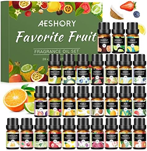 Fruity Essential Oils Set - Top 28 Fruit Fragrance Oil for Candle Making, Diffusers - Strawberry, Apple, Pineapple, Cucumber Melon, Cherry, Mango, Lemon, and Orange Scented Aromatherapy Oils