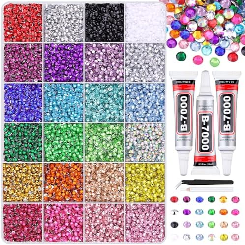 24000Pcs Resin Rhinestones for Crafting with Tweezers, Multicolor 3mm Bedazzling Crystal with 3Pcs 10ml B7000 Jewelry Glue for DIY Crafts Clothing Tumblers Shoes Fabric Nail Art