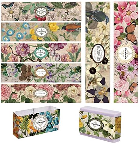 PH PandaHall 90pcs Vintage Flower Wrapper Tape, 9 Styles Handmade Crafts Band Label Paper Tape Wrap Label Tape Vertical Tag Sleeves Covers for Handmade Soap Lotion Bar Bath Gift Wrapping 8.2x1.9 inch