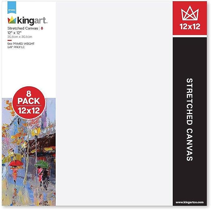 KINGART 804-8 White Stretched Canvas, 100% Cotton, Gesso Primed, for Acrylic, Oil & Mixed Media, 12" x 12", Pack of 8