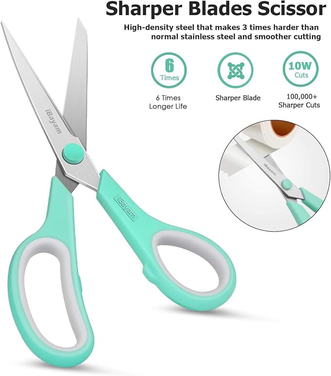iBayam 24-Pack 8" Heavy Duty Scissors in Bulk, Ultra-Sharp, Comfort Grip | 2.5mm Ultra-Sharp Stainless Steel Blades, 100,000+ Cuts, Comfort-Grip Handles, Ambidextrous, Multipurpose — 24-Pack, 3 Colors