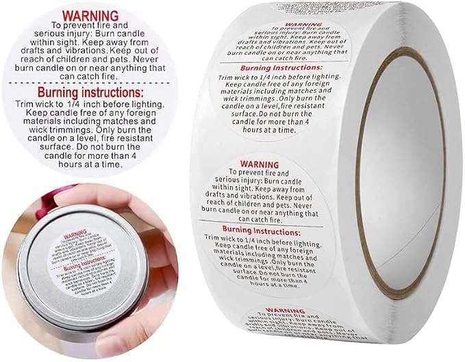1000 Pcs Candle Warning Labels - Safety Stickers for Candle Making DIY Jars & Tins (White, 1.5 inch Round, For Jars/Tins)