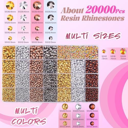 20000Pcs Metallic Rhinestones for Bedazzling with B7000 Jewelry Glue, Resin Rhinestones for Crafting Crafts DIY, Bedazzler Kit Gems for Clothing Shoes Tumblers Fabric Nail Art Assorted Size 3/4/5/6mm