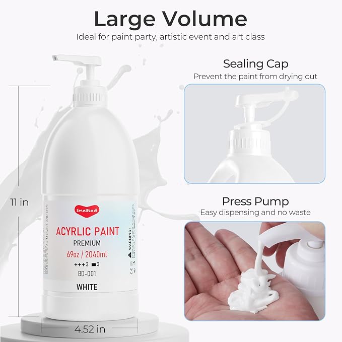 Smallbudi 2 PCS White Acrylic Paint 69oz/2040ml Large Bulk Bottle with Pump
