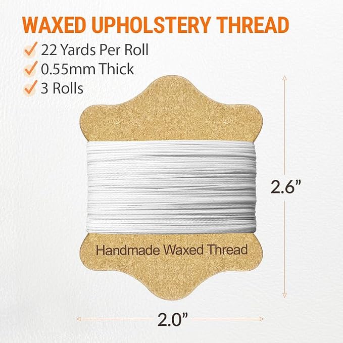 VONEEDL Upholstery Repair Kit: Waxed Sewing Thread (3 Rolls - White Color) & Heavy Duty Needles (11 PCS) for Leather, Canvas & Quilting Thread