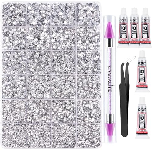 Canvalite 25000Pcs Resin Jelly Rhinestones for Crafting, Clear Flatback Gems, Bedazzling Crystal with 5Pcs 2.5g B7000 Jewelry Glues and Tweezers and Dotting Pen for DIY Crafts Clothing Shoes Nail Art