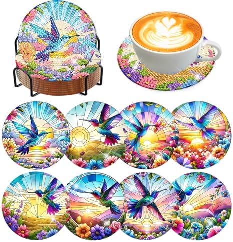 8 Pcs Diamond Art Coasters Kit for Adult with Holder, Diamond Coaster 4x4in