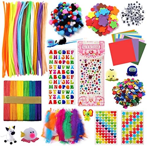 DOITEM Pipe Cleaners Craft Supplies, 1000+Pcs Arts and Crafts Supplies Including Pipe Cleaner Wiggle Googly Eyes Pom Poms Feathers Sticks Sequins Foam Flowers Papers Heart Stickers for Kids Adults