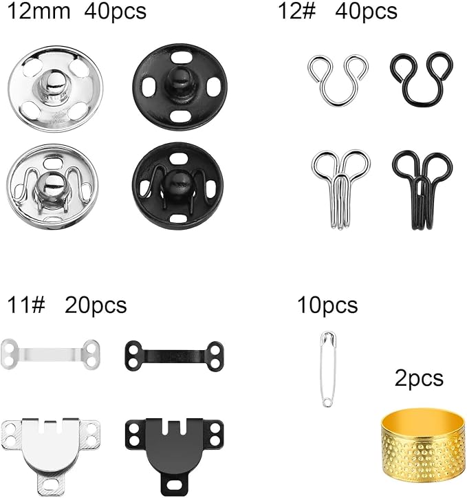 112 Pairs Sewing Hooks and Eyes Closure Set 3 Styles Sewing Skirt Hooks, Sew-on Snaps, Hook and Eye Latches for Trousers Skirt Dress Bra Sewing DIY Crafting